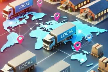 delivery trucks, warehouses, and a map highlighting a local region. It symbolizes efficient and streamlined local logistics services