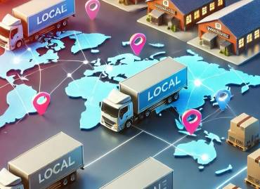 delivery trucks, warehouses, and a map highlighting a local region. It symbolizes efficient and streamlined local logistics services