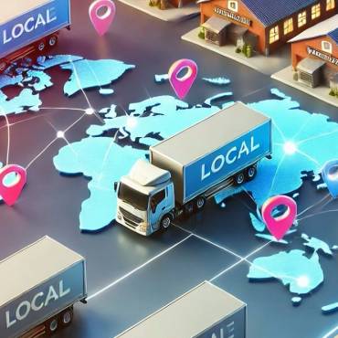 delivery trucks, warehouses, and a map highlighting a local region. It symbolizes efficient and streamlined local logistics services